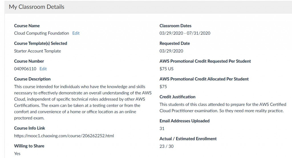 AWS Educate 課程申請畫面