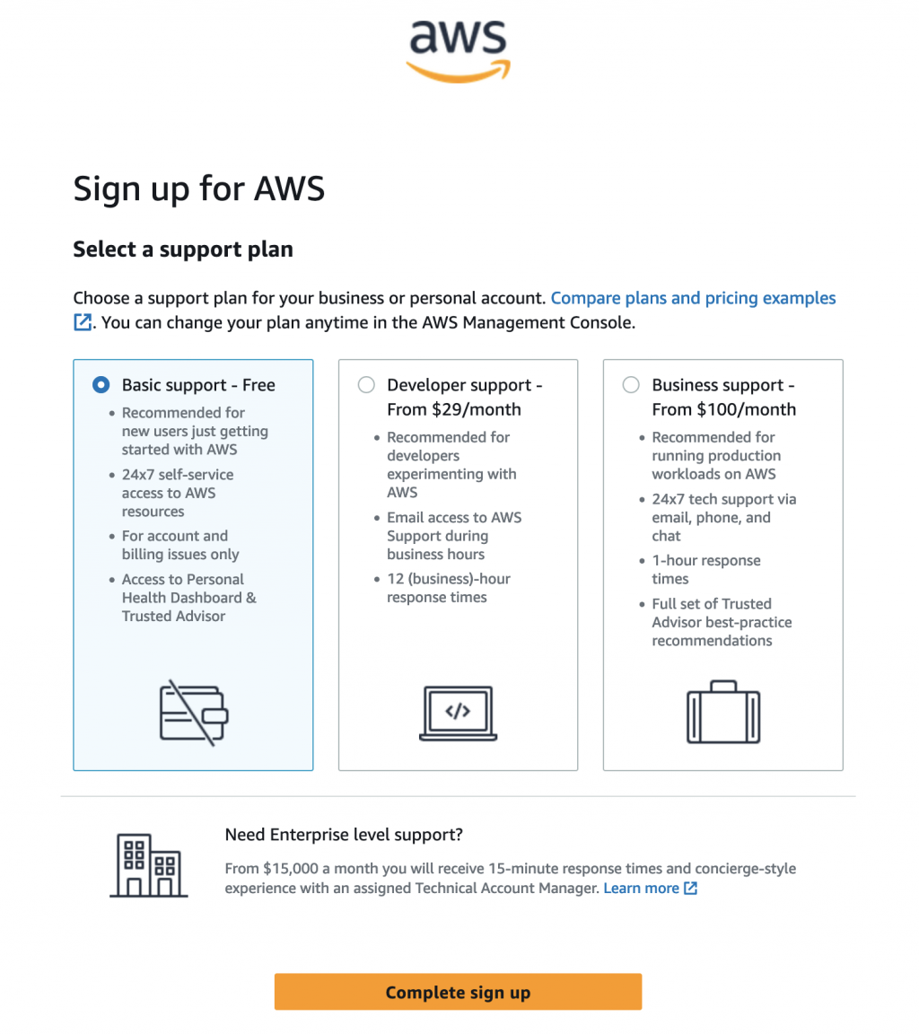 AWS sign up support