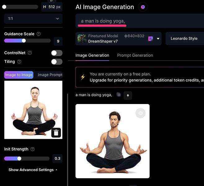 Leonardo.Ai 教學 - 如使用圖片產生圖片 ( Image to Image ) - 正在做瑜珈的男性