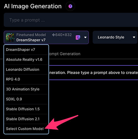 Leonardo.Ai 教學 - 訓練自己的 AI 產圖模型 - Select Custom Model