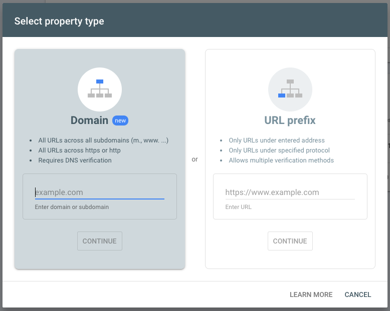 Add new property to Google Search Console