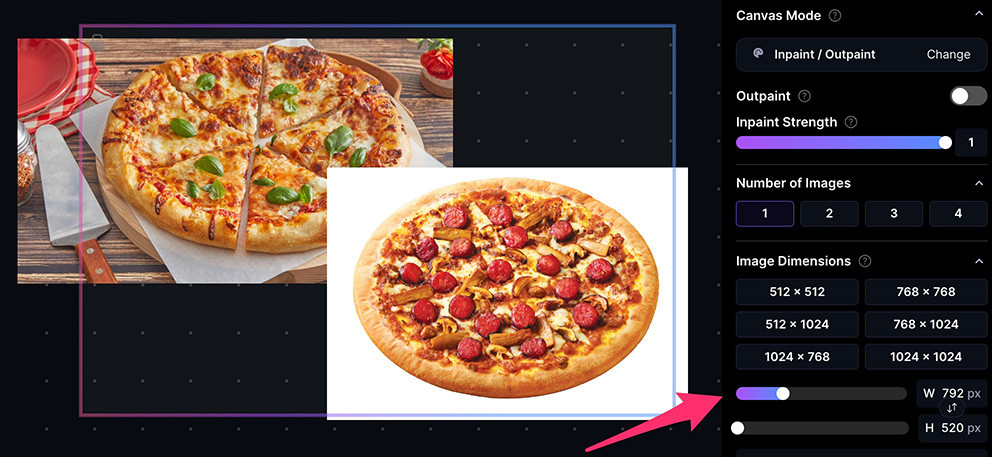 Leonardo.Ai 教學 -  ( 範例 ) 組合兩片披薩  - 擺放圖片，調整畫布區域大小