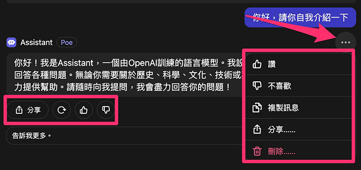 Poe 教學 - 開始使用 Poe ( Poe AI、Poe.com ) - 分享、重新回應、喜歡或不喜歡