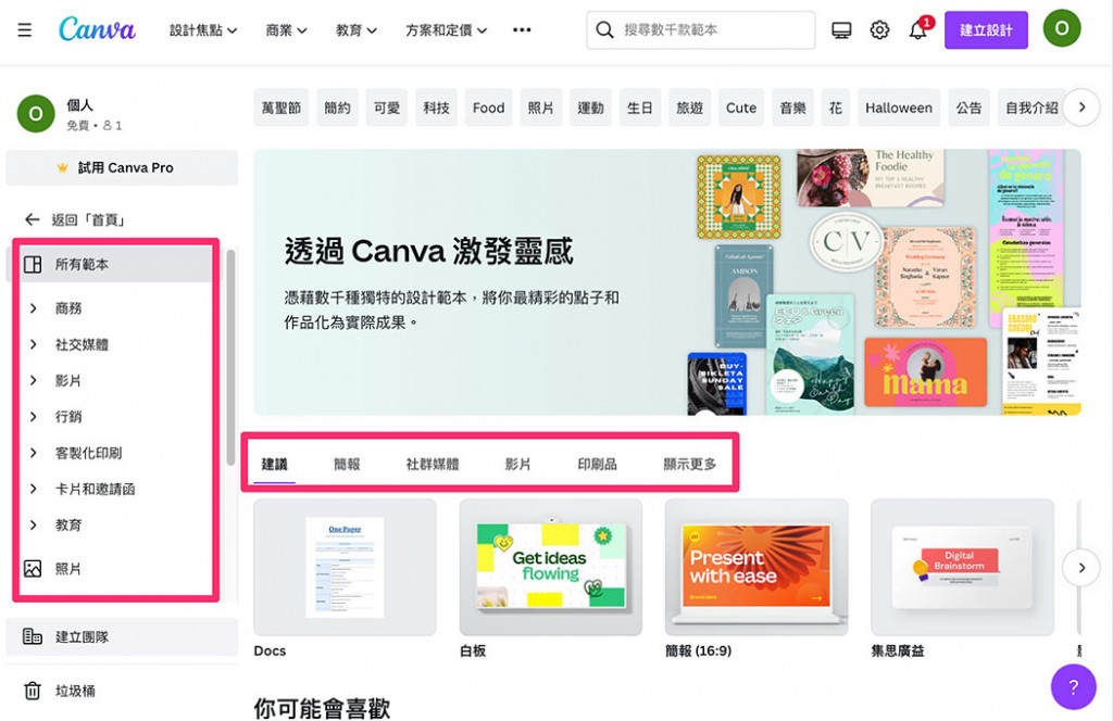 Canva 教學 - 操作介面 ( 主畫面 ) - 範本