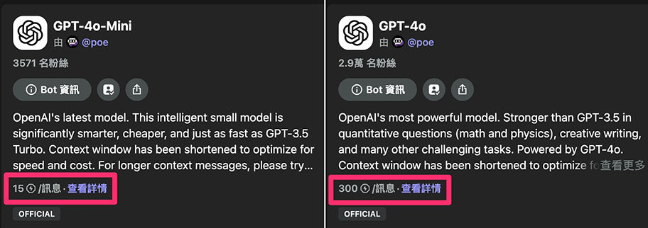 Poe 教學 - GTP-4o 或 GPT-4o-mini 分析圖片 - 消耗的 Poe 代幣差了 20 倍