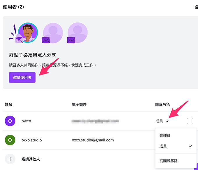 Canva 教學 - 相關設定 - 團隊成員