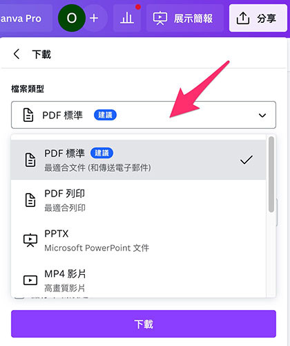 Canva 教學 - 下載檔案 - 切換下載的類型