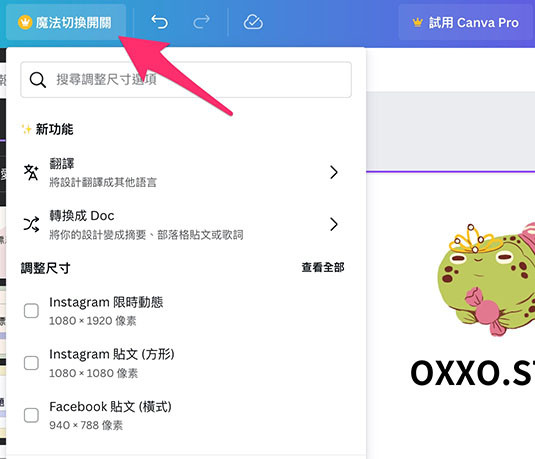 Canva 教學 - 設計介面 ( 設計功能總覽 ) - 「魔法切換開關」功能，調整長寬尺寸
