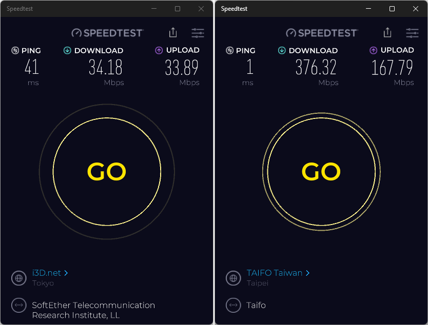 開啟VPN（左）與正常（右）網速比較