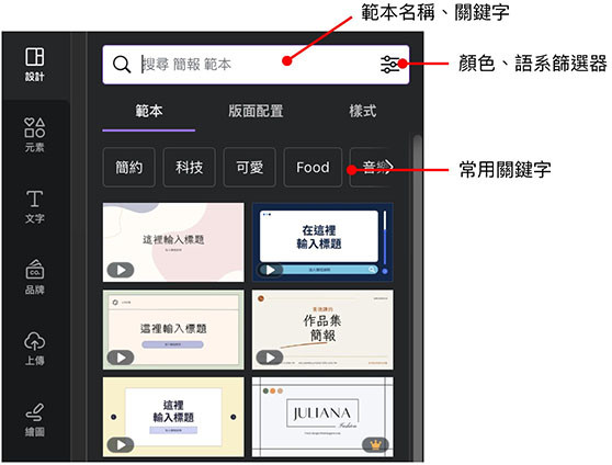 Canva 教學 - 使用範本、版面配置、樣式 - 直接點擊加入範本，搜尋關鍵字、篩選器和常用關鍵字