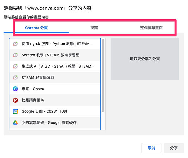 Canva 教學 - 上傳檔案 - 選擇錄製「單一分頁」、「視窗」或「整個螢幕」