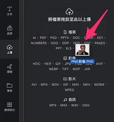 Canva 教學 - 上傳檔案 - 使用滑鼠「拖拉檔案」的方式上傳檔案