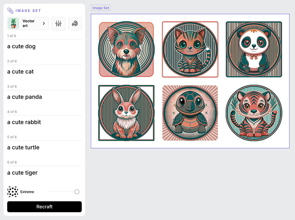 Recraft 教學 - 產生系列影像 Image Set - 產生六種風格一致的動物