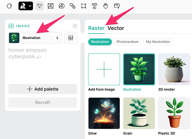 Recraft 教學 - 自定義圖片風格 - 點擊風格設定按鈕，切換至 Raster 模式