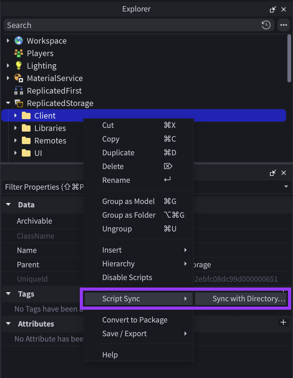 Explorer 的右鍵選單展開 Script Sync 的 Sync to 操作。