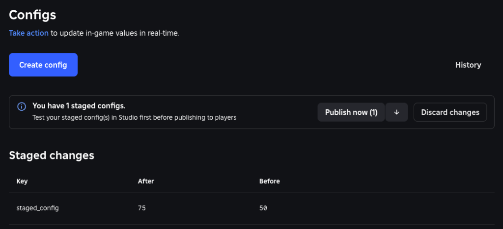 體驗設定發布到 Roblox 的介面。