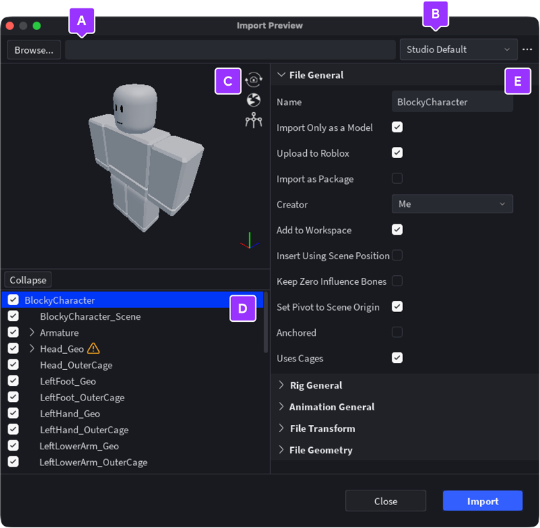Roblox Studio 3D Importer 的模型與設定面板。