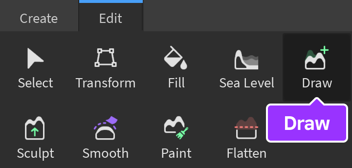 Terrain Editor 的 Edit 分頁與 Draw 工具。