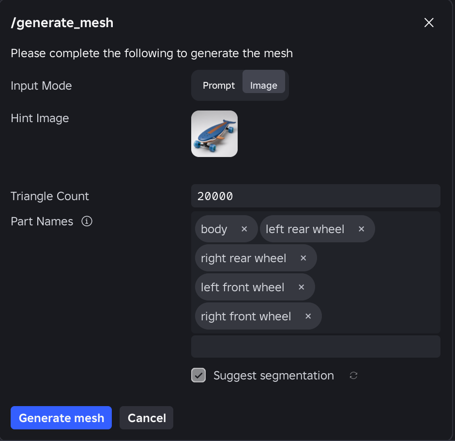 Assistant 顯示生成模型的分件清單與 Generate 按鈕。
