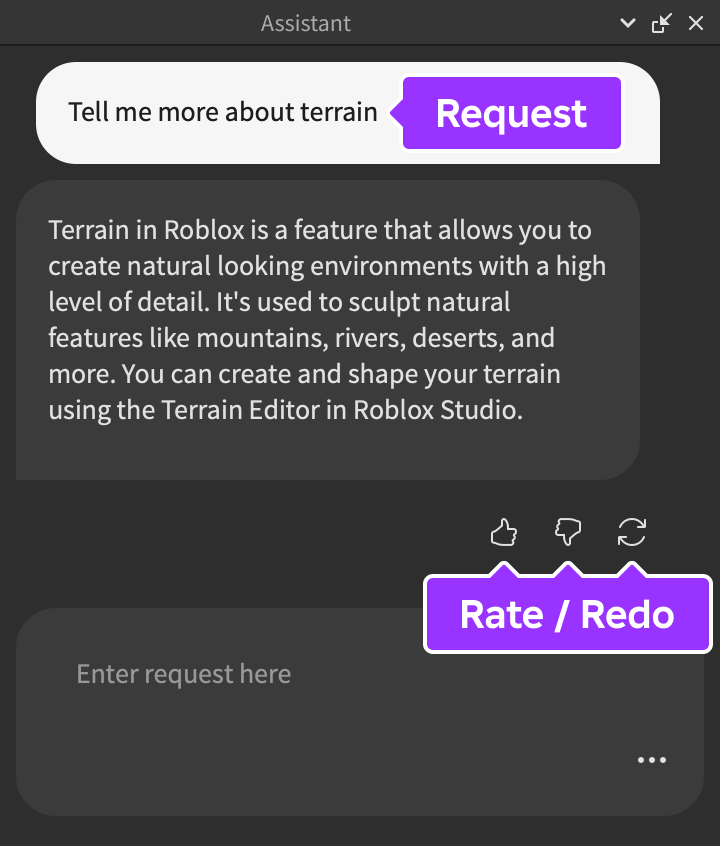 Roblox Studio 中的 Assistant 對話介面,包含輸入區、回覆與操作按鈕。
