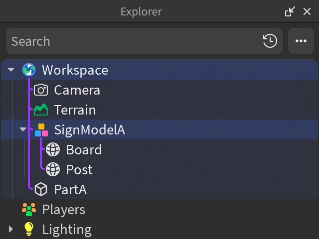 Explorer 顯示 Workspace 中物件的父子階層,Model 下還可包含其他 Part。