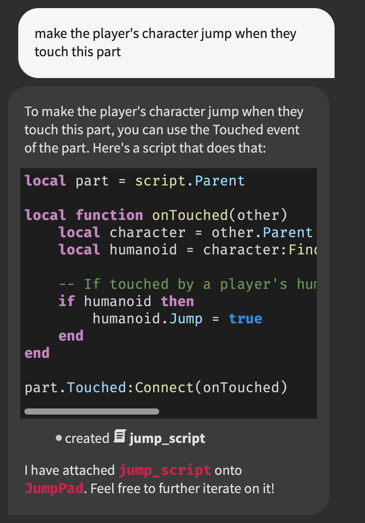 Assistant 將生成的 Script 插入選取物件。