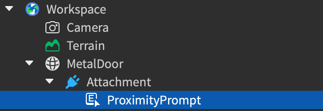 Explorer 中的 ProximityPrompt 放在 Attachment 下方。