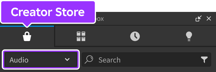 Studio Toolbox 的 Creator Store 切換到 Audio 類別。