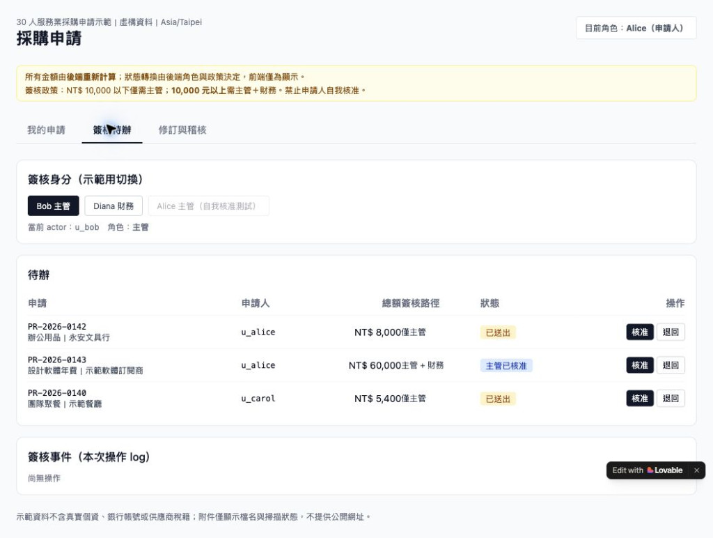 主管與財務的採購簽核待辦