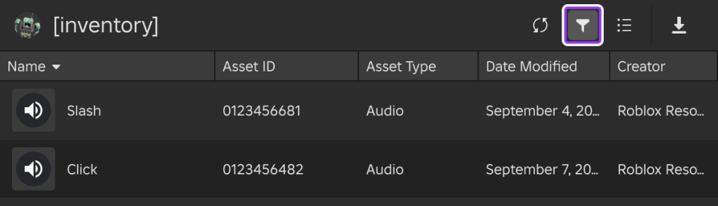 Roblox Studio Asset Manager 的資產類型篩選器。