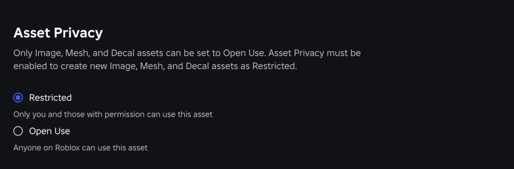 Creator Dashboard 的 Asset Privacy 頁面，可選擇 Restricted 或 Open Use。