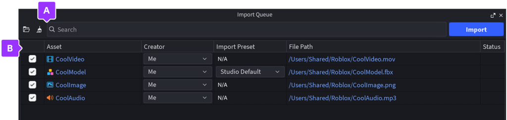 3D Importer 的匯入佇列,包含模型預覽、物件清單與設定。