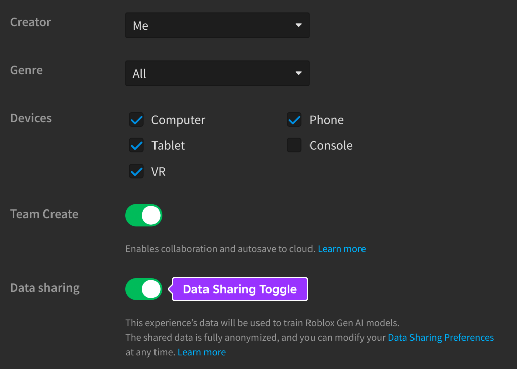 Publish Game 對話框中的 AI data sharing 選項。
