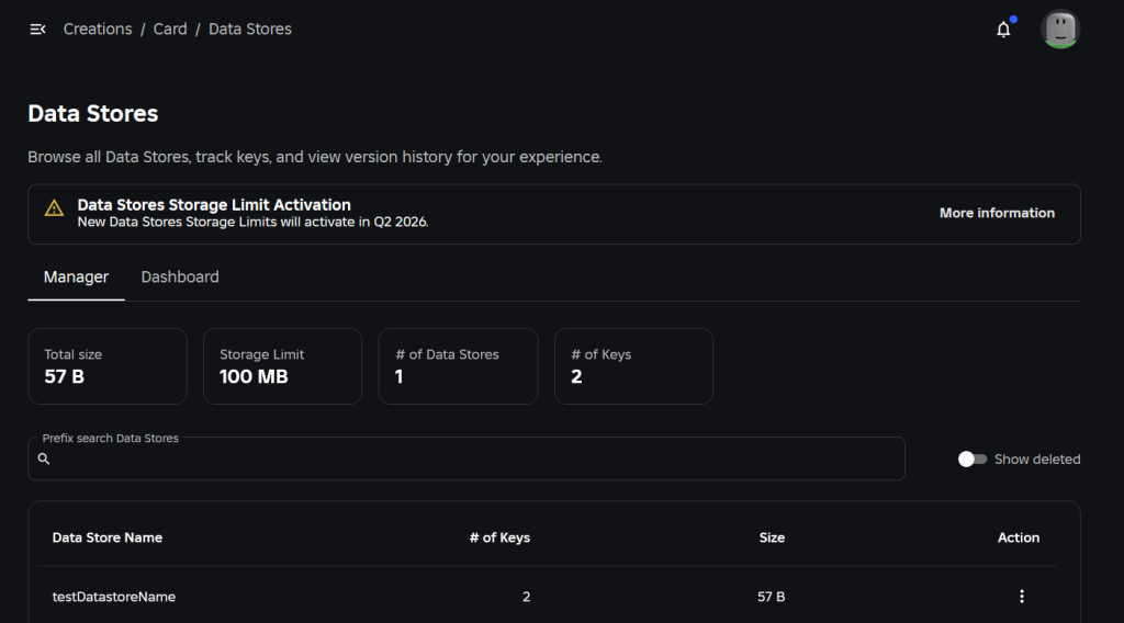Creator Hub 的 Data Stores Manager 頁面。
