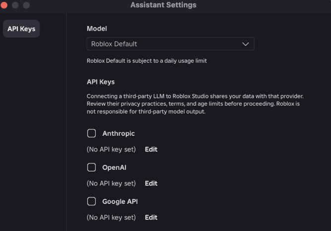Assistant Settings 的 API Keys 頁面，可設定 Anthropic、OpenAI 與 Google API，並從 Model 選單切換模型。
