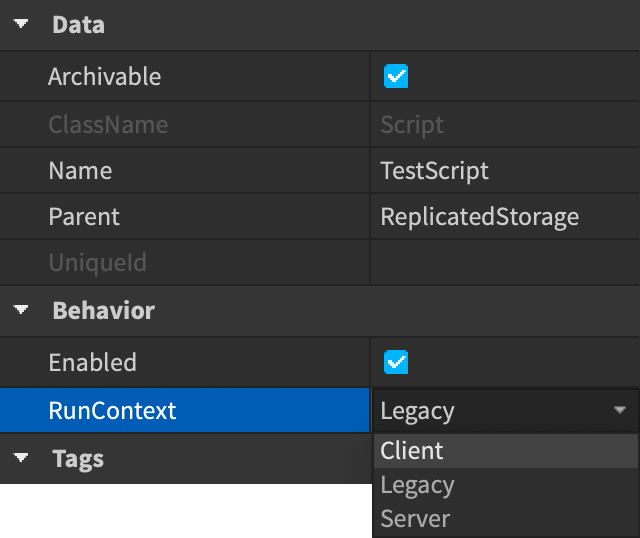 Script 的 Properties 視窗顯示 RunContext 設定。