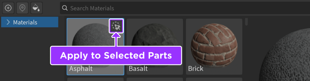 Material Manager 中將選定材質套用到已選取 Parts 的按鈕。