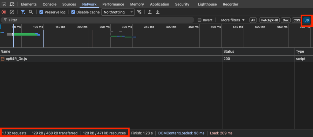 第 3 頁 Nuxt 的 Network 面板,JS filter 下顯示 1 個入口 chunk、129 kB