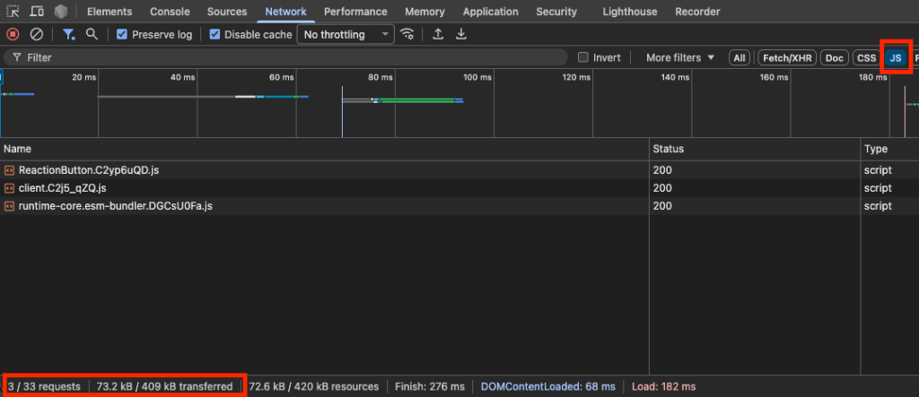 第 2 頁 Astro Vue 島的 Network 面板,JS filter 下顯示 3 個 script(ReactionButton/client/runtime-core)、共 73.2 kB