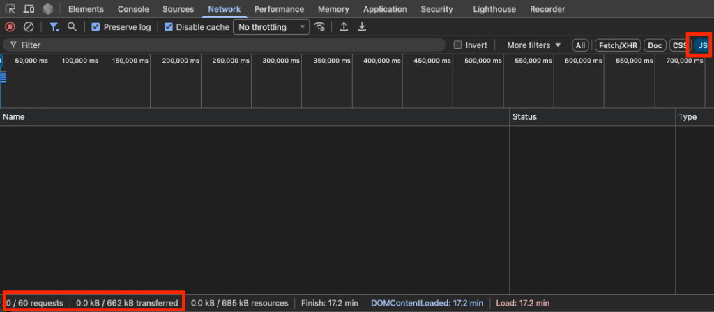 第 1 頁 Astro 無島的 DevTools Network 面板,JS filter 下底部狀態列顯示 0 個 script、0 B