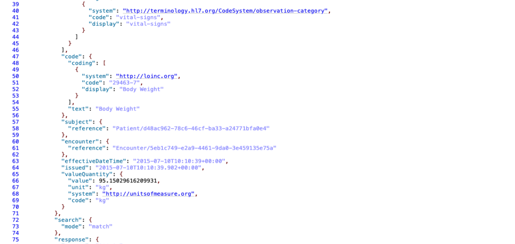 公開 FHIR server 回傳的一筆 Observation,code 區塊是 LOINC 29463-7 Body Weight,subject.reference 指向 Patient/d48ac962-78c6-46cf-ba33-a24771bfa0e4,下方 encounter.reference 另外指向一筆 Encounter,最後 valueQuantity 是 95.15 kg