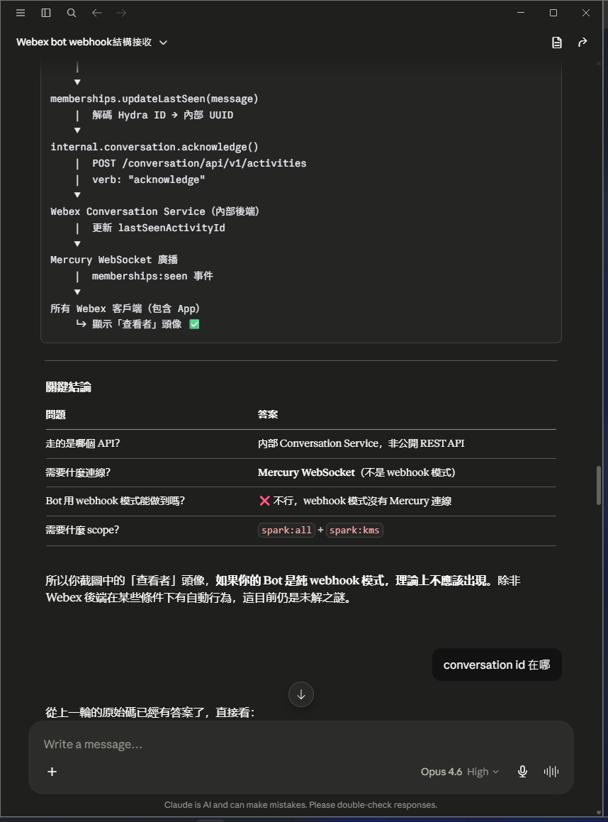 AI 完成整體架構流程圖與關鍵結論表(走內部 API、需 Mercury WebSocket、webhook 模式做不到、需 spark:all+spark:kms scope)