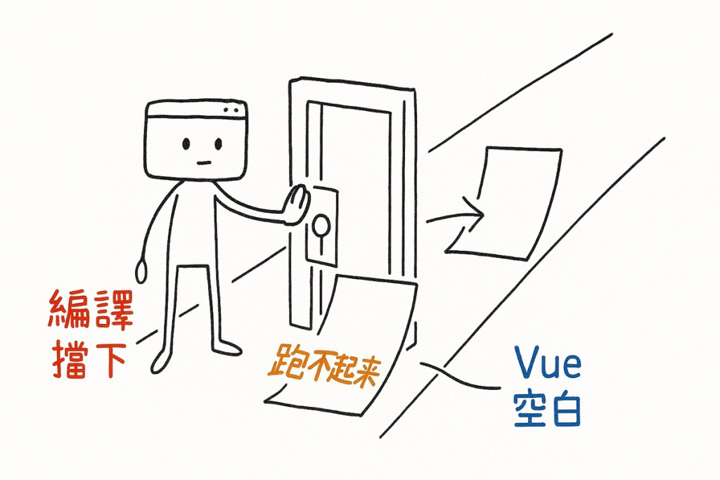 窗仔在閘門前擋下拼錯的紙條，另一側無門通道通往空白畫面