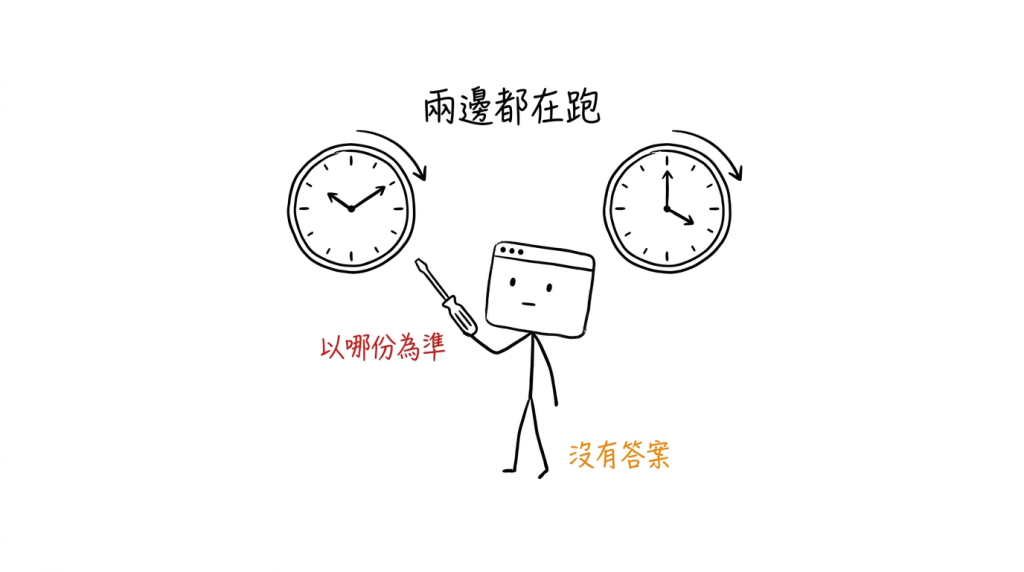 兩個同型號的鐘走出不同時間,我拿著螺絲起子伸到一半就停住了