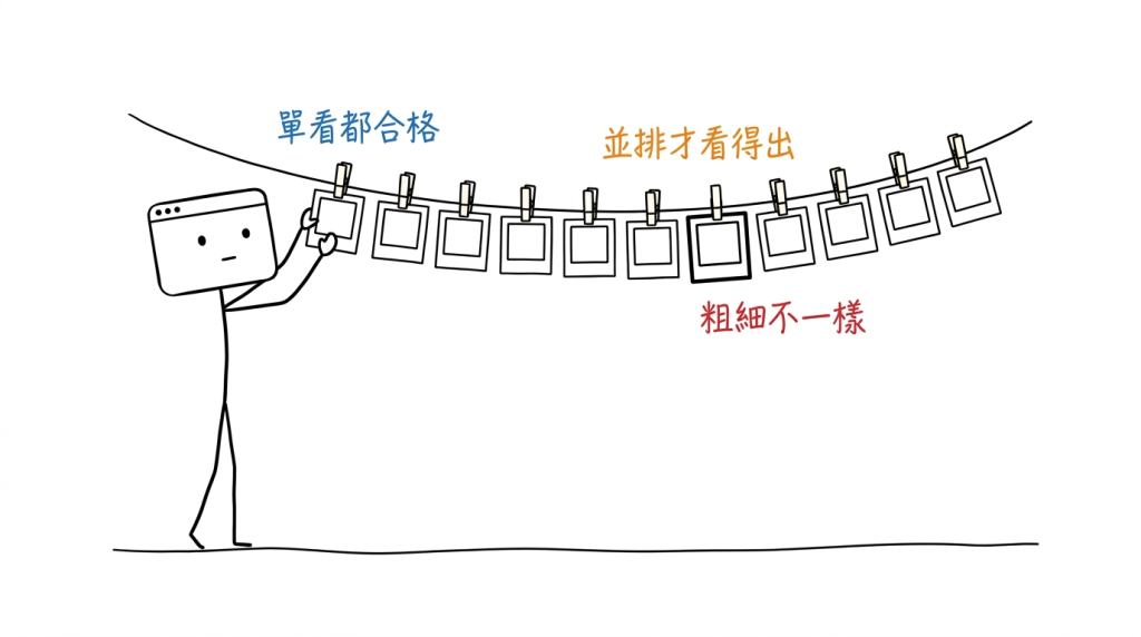 一張一張看都沒問題，全部夾上同一條繩子才看得出哪一件不一樣
