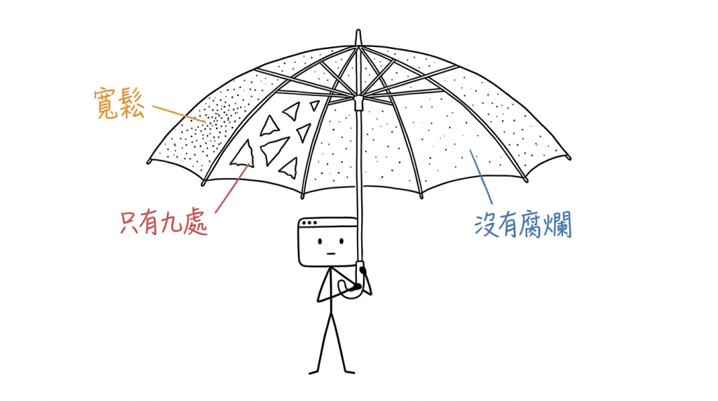 我這把傘上針孔很多,會漏一點;但真正破掉的只有九處,所以它還撐得住