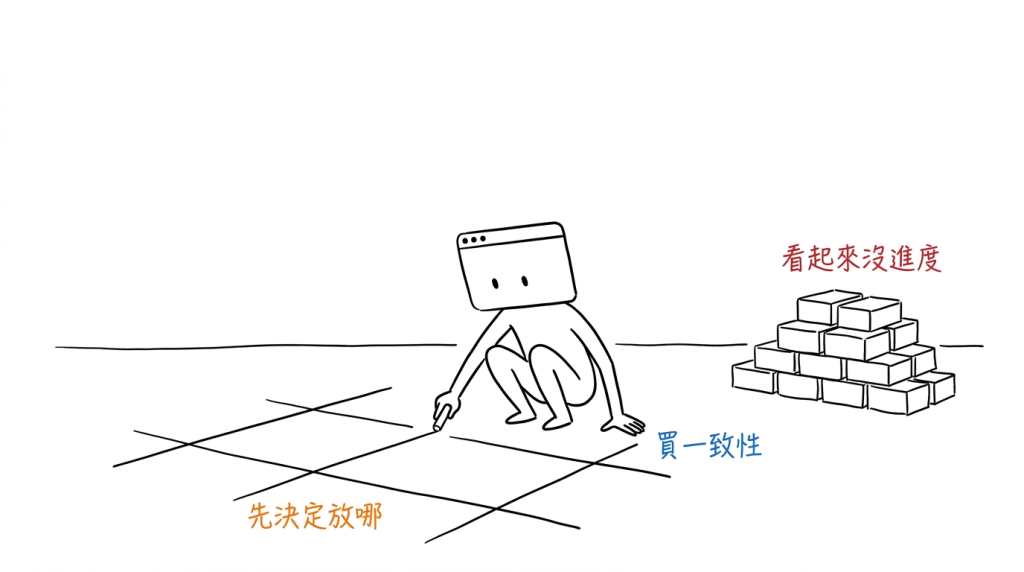 整整一段時間我只在地上畫格子,一塊磚都沒砌——那不是沒進度