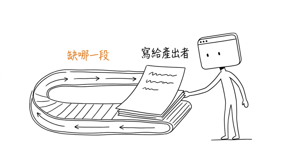 我把不合格的稿子連同一張寫清楚缺什麼的紙條推回起點