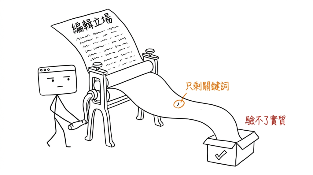 我把一整頁編輯立場搖進軋輥機，另一頭只吐出一條薄紙帶，上面剩一個詞。