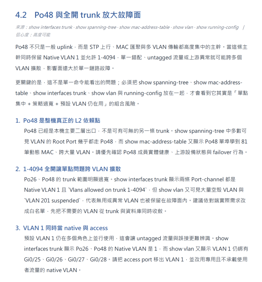 AI 從設備狀態分析出 Port-Channel 偏諧異常,並推測成因(Hash 演算法、MAC address 相似性、同網段設備集中)